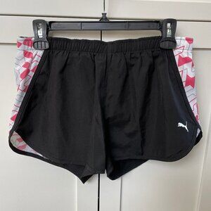Puma Vintage Running Workout 2.75" Shorts Black w Print Sides Wht Pink Grey Sz S